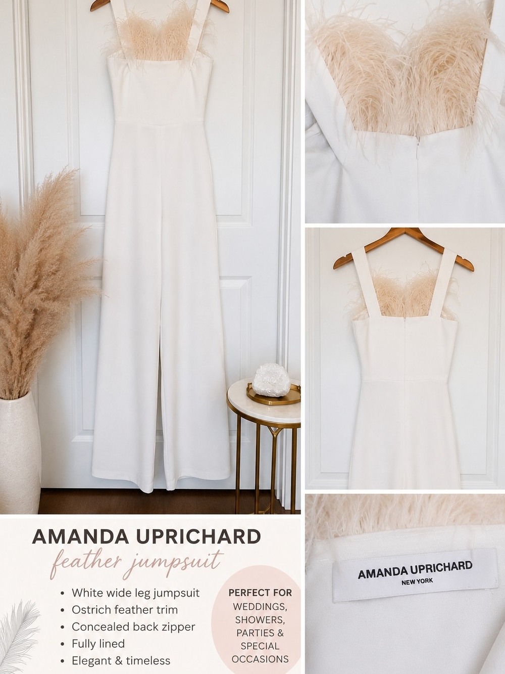 Amanda Uprichard White Feather Trim Wide Leg Jumpsuit | Ostrich Feather